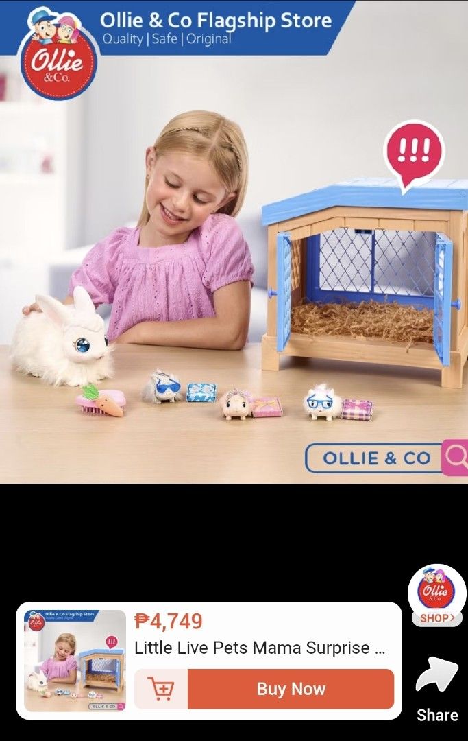 Little Live Pets Mama Surprise Bunny Set (Category: Kids Toys) located in Quezon City. Submitted by hapiyumi (Listing ID 1432006803, Image 3). Description: Little Live Pets Mama Surprise set - Includes: - White bunny with blue eyes - Hutch with blue roof and door - Baby bunnies - Accessories (carrot, heart-shaped toy) - Complete set - Ready for play!.