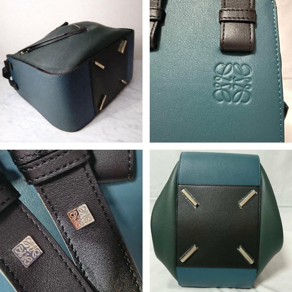 Loewe Hammock Bag (Category: Luxury Bags & Wallets) located in Cebu City. Submitted by theluxxaffair (Listing ID 1432073903, Image 3). Description: Loewe Hammock Bag in teal and black. Features a unique geometric design, top handle, detachable strap, pouch and zipper closures on the side. This luxury handbag known for its multifunctional design with side panels that fold in or out, changing its shape to suit different needs. Made in Spain. Height