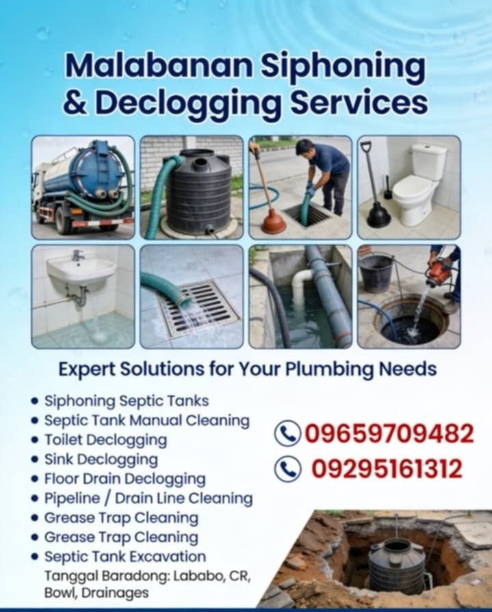 Malabanan sipsip pozo negro (Category: Plumbing Services) located in Manila. Submitted by malabanansipsipservice (Listing ID 1432152000, Image 1). Description: 🔧 MALABANAN SIPHONING & DECLOGGING SERVICES 🔧 💧 SIPSIP POZO NEGRO - Mabilis at walang amoy na paglilinis. 🚽 TANGGAL BARADO - Kahit anong bara sa Lababo, CR, Bowl, o Drainage, kaya namin tanggalin! ✅ Mga Serbisyo: • Siphoning / Sipsip Pozo Negro • Tanggal Barado (All Types) • Septic Tan