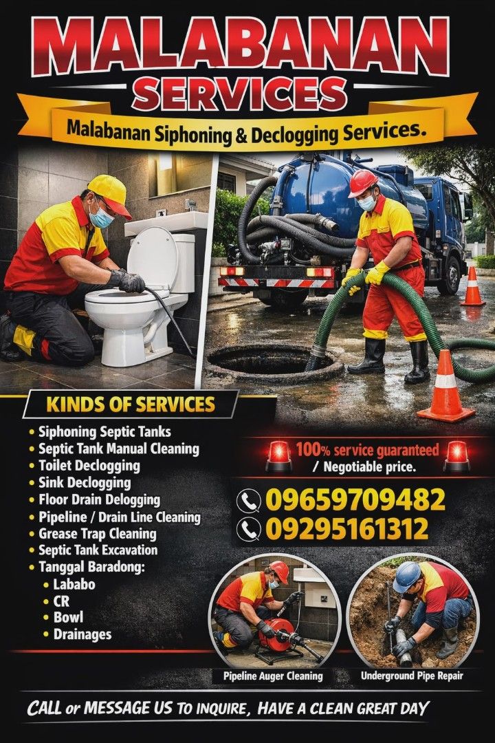 Malabanan sipsip pozo negro (Category: Plumbing Services) located in Manila. Submitted by malabanansipsipservice (Listing ID 1432152306, Image 1). Description: 🔧 MALABANAN SIPHONING & DECLOGGING SERVICES 🔧 💧 SIPSIP POZO NEGRO - Mabilis at walang amoy na paglilinis. 🚽 TANGGAL BARADO - Kahit anong bara sa Lababo, CR, Bowl, o Drainage, kaya namin tanggalin! ✅ Mga Serbisyo: • Siphoning / Sipsip Pozo Negro • Tanggal Barado (All Types) • Septic Tan