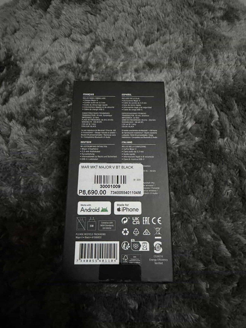 Marshall Major V Bluetooth Headphones (Category: Headphones & Headsets) located in Taguig. Submitted by kymsecloset (Listing ID 1432074076, Image 3). Description: - Marshall Major V Headphones - Wireless charging - 100+ hours of wireless playtime - Bluetooth connectivity - Color: Black - Includes headphones and accessories - Price: ₱8,690.00 - Brandnew, just opened the box.