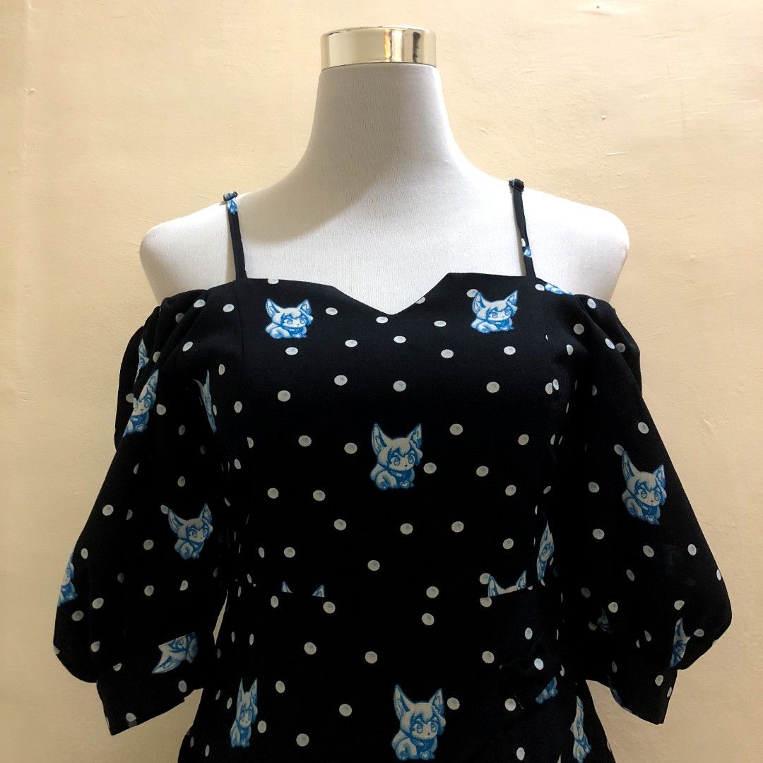 NEW TREND Anime Cold Shoulder Dress (Category: Dresses) located in Manila. Submitted by winterr_solstice (Listing ID 1432142015, Image 2). Description: Color: Black, Blue, White Size: S-SM Laid flat measurements Bust: 33 inches Waist: 27 inches Length: 29 inches * Square Neck * Cold Shoulder * Short Sleeves * Puffed Sleeves * Polka Dots * Anime Pattern * Back Zipper * with Inner Lining * Need lower, maikli Issue: None.