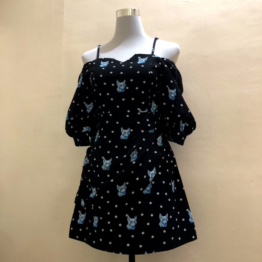 NEW TREND Anime Cold Shoulder Dress (Category: Dresses) located in Manila. Submitted by winterr_solstice (Listing ID 1432142015, Image 3). Description: Color: Black, Blue, White Size: S-SM Laid flat measurements Bust: 33 inches Waist: 27 inches Length: 29 inches * Square Neck * Cold Shoulder * Short Sleeves * Puffed Sleeves * Polka Dots * Anime Pattern * Back Zipper * with Inner Lining * Need lower, maikli Issue: None.