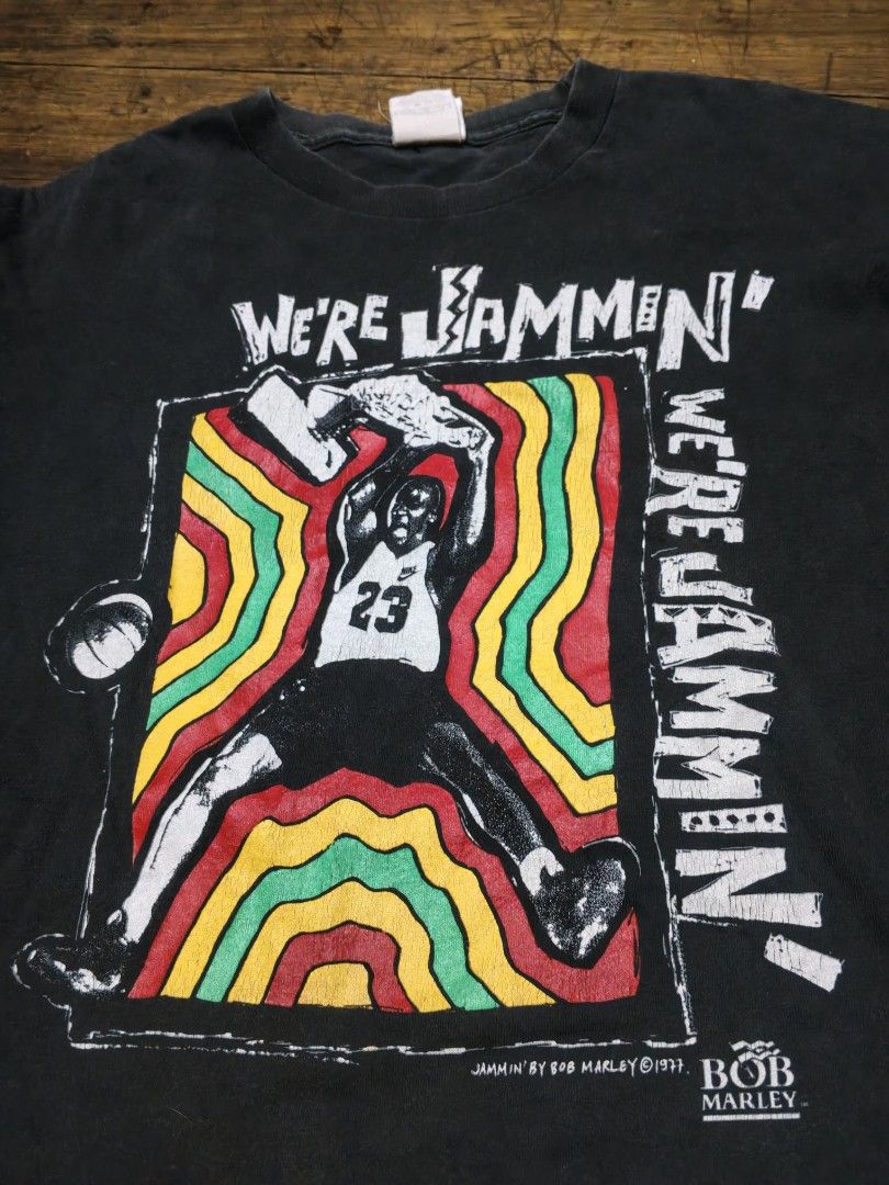Nike Jordan Bob Marley shirt (Category: Tshirts & Polo Shirts ) located in Manila. Submitted by retroactive_items (Listing ID 1432034113, Image 3). Description: VTG 1990s Nike Jordan Bob Marley We’re Jammin Promo T-shirt - Vintage Nike T-shirt - Made in USA - Size: Large on tag - Dimes: 20.5 x 26" Probably Youth Size - Color Rate: 6-7 /10 - Single Stitch Neck /Sleeve - Probably resized Hem - Double stitch - Pinhole near tag - Crackprint - Feature