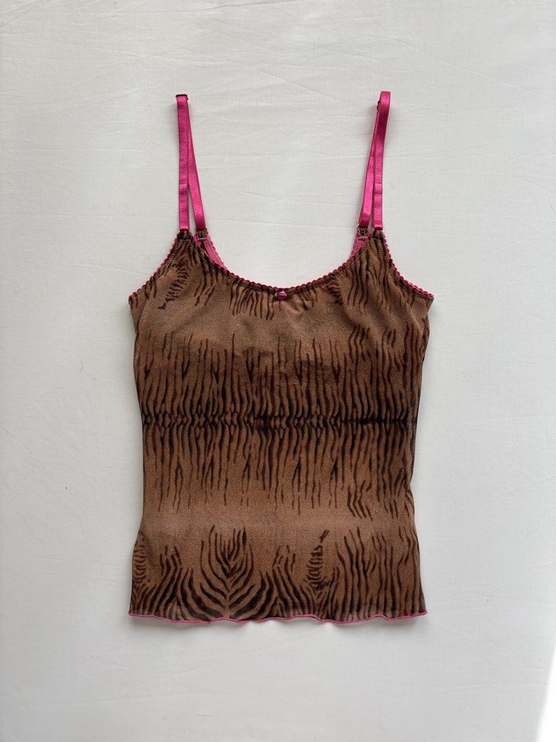 NIKI LU tiger print y2k statement mesh camisole (Category: Sleeveless) located in Pateros City. Submitted by threadedtogether (Listing ID 1432117152, Image 1). Description: original price: 500 best fits: xs-semi m | bust: up to 36” ✿ m on tag ✿ adjustable straps ✿ sheer but with inner bust lining [mannequin: size s-m | b34” | w26” | h34” ] 💌 dm for questions and additional measurements 📦 J&T or SDD ⭐ first to pay basis .