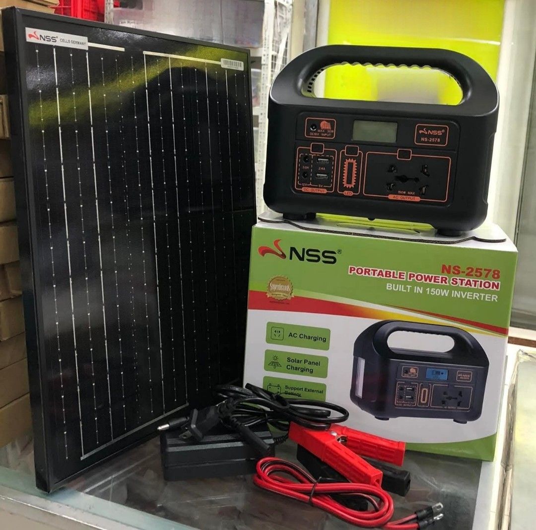 NSS NS-2578 Portable Power Station with Solar Panel (Category: Electrical, Adaptors & Sockets) located in Manila. Submitted by neil_shoppe (Listing ID 1432002995, Image 1). Description: - Portable power station with 150W inverter - AC and solar charging capabilities - Built-in LED lights - Multiple output options: DC, AC 220V - LCD screen displays battery level - Includes solar panel, charging cables, and clamps - Compatible with phones, laptops,