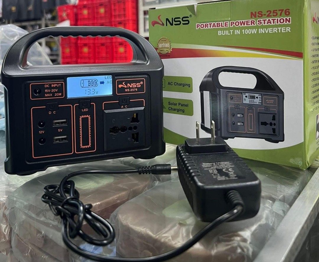 NSS NS-2578 Portable Power Station with Solar Panel (Category: Electrical, Adaptors & Sockets) located in Manila. Submitted by neil_shoppe (Listing ID 1432002995, Image 3). Description: - Portable power station with 150W inverter - AC and solar charging capabilities - Built-in LED lights - Multiple output options: DC, AC 220V - LCD screen displays battery level - Includes solar panel, charging cables, and clamps - Compatible with phones, laptops,