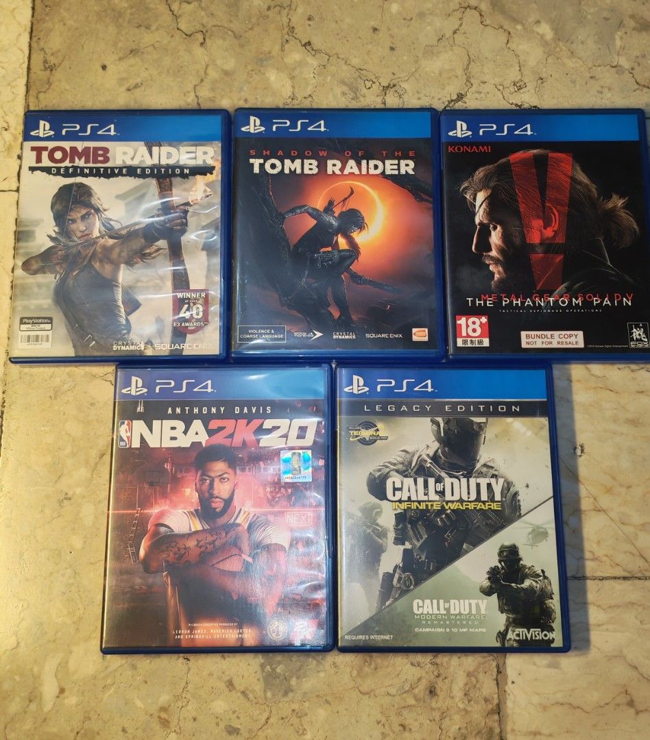 Ps4 games (Category: PlayStation) located in Manila. Submitted by hustlefinds31 (Listing ID 1432149299, Image 1). Description: Ps4 games, rarely lang nagamit Quality is like brand new Available: 1000 - metal Gear Solid 5 800 - cod infinite warfare 800 - shadow of the tomb raider - SOLD 700 - tomb raider definitive edition 500 - nba 2k20.