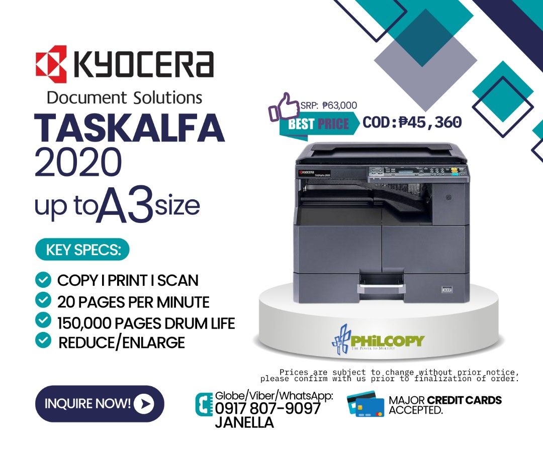Q1 2026 PROMO FOR TASKALFA 2020 (MULTIFUNCTIONAL PRINTER) (Category: Printers, Scanners & Copiers) located in Manila. Submitted by kyocerajanelle (Listing ID 1432059256, Image 1). Description: .