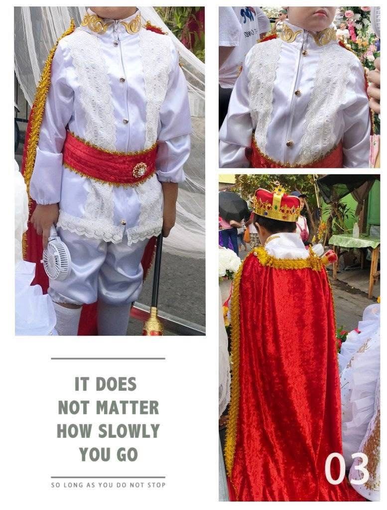 Royal Prince Costume Set (Category: Babies & Kids Fashion) located in Caloocan City. Submitted by genobatakatrina29-60657 (Listing ID 1432111006, Image 1). Description: - Royal Prince Costume Set for Boys for rent 7-10 y/o - Includes: White satin shirt with gold accents and lace details, matching pants, red cape, crown, scepter, and red sash with jewel. - Ideal for parades and themed events. - Designed for young boys..