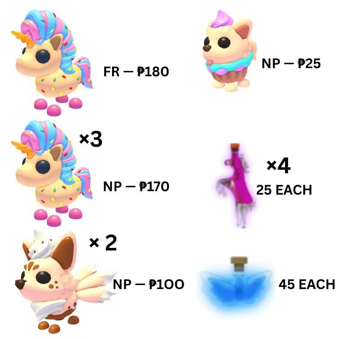 Selling Adopt Me Pets! Check each prices (Category: Others) located in Manila. Submitted by rolbns4 (Listing ID 1432128778, Image 1). Description: 1350 for all, can sell each. dm.
