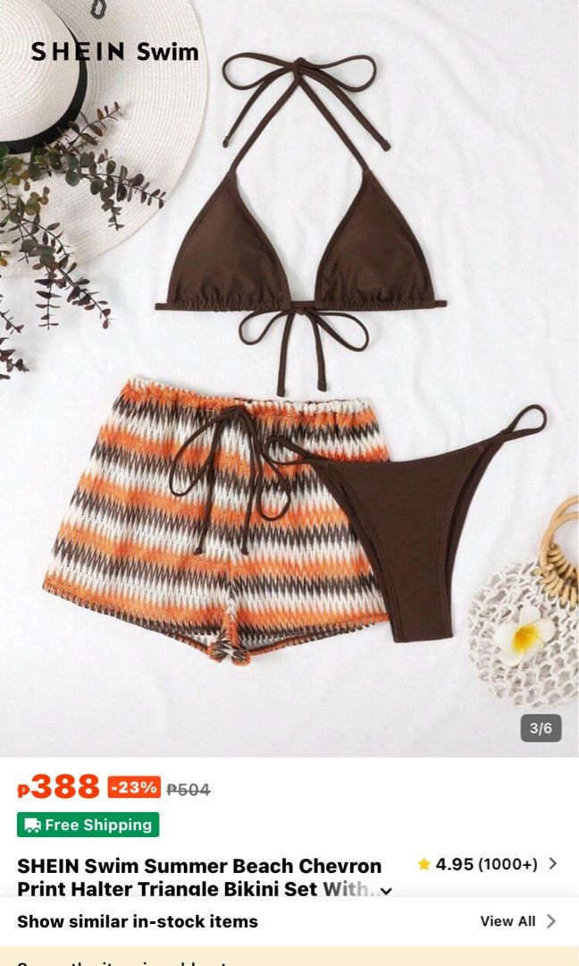 SHEIN Swim Chevron Print Halter Bikini Set (Category: Bikinis & Swimsuits) located in Caloocan City. Submitted by hangchic_ph (Listing ID 1432052953, Image 1). Description: Preloved Used once nung nag boracay last yr Small size. 3 piece set Lalamove po sa deliver Caloocan south loc - SHEIN Swim bikini set - Includes: Triangle bikini top, bikini bottom, and shorts - Features a brown halter top - Comes with matching bottoms - Includes shorts with a