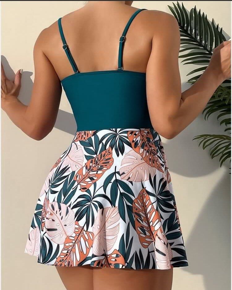 SHEIN Swim Skirted Swimsuit (Category: Bikinis & Swimsuits) located in Quezon City. Submitted by greatfindsstuff (Listing ID 1432031067, Image 3). Description: - SHEIN swimsuit - Teal bustier top with adjustable straps and sweetheart neckline - Tropical leaf print skirted bottom - Includes matching bottom - Flattering design - Perfect for beach or pool.