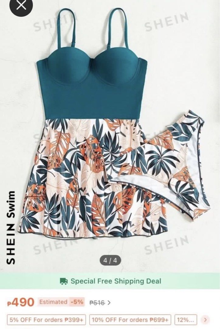 SHEIN Swim Skirted Swimsuit (Category: Bikinis & Swimsuits) located in Quezon City. Submitted by greatfindsstuff (Listing ID 1432031067, Image 2). Description: - SHEIN swimsuit - Teal bustier top with adjustable straps and sweetheart neckline - Tropical leaf print skirted bottom - Includes matching bottom - Flattering design - Perfect for beach or pool.