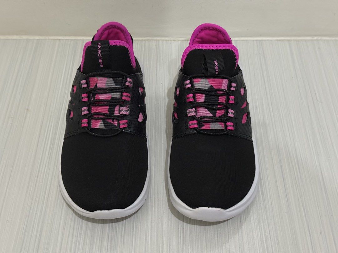 Skechers Black and Pink Sneakers (Category: Babies & Kids Fashion) located in Mandaluyong City. Submitted by giannaaa8 (Listing ID 1432099155, Image 3). Description: -Black and Hot Pink -slip-on -Air-Cooled Memory Foam insole -size US 11.5, EUR 28, and CM 17.5.