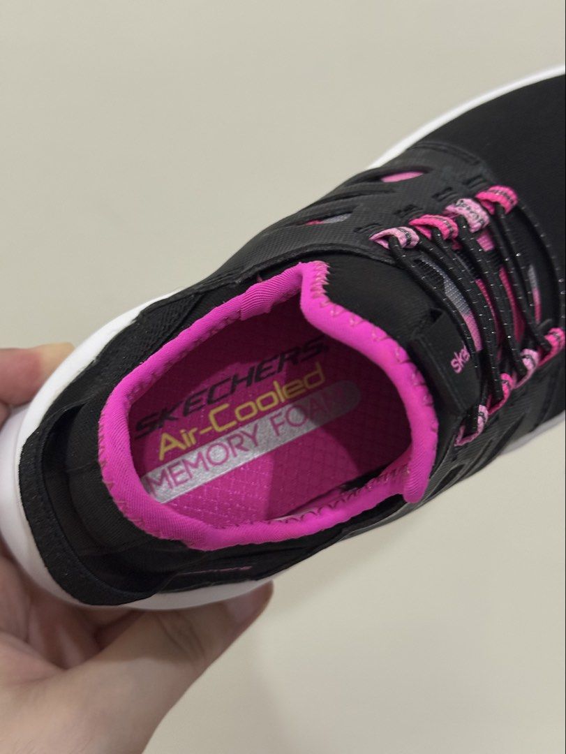 Skechers Black and Pink Sneakers (Category: Babies & Kids Fashion) located in Mandaluyong City. Submitted by giannaaa8 (Listing ID 1432099155, Image 2). Description: -Black and Hot Pink -slip-on -Air-Cooled Memory Foam insole -size US 11.5, EUR 28, and CM 17.5.