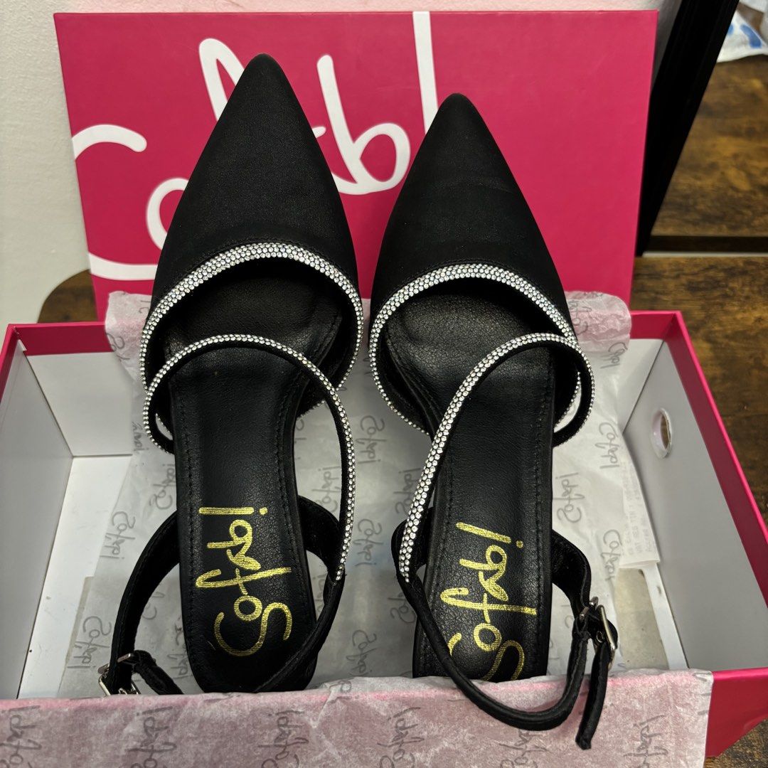 Sofab Black Heels|Pointed toes|Casual (Category: Heels) located in Cavite. Submitted by Cheapips (Listing ID 1432075430, Image 2). Description: 💯 ORIGINAL SOFAB - Used once (wedding event) - Bought Aug 2025 - Size 36 - 1.5 inches heels - Pointed toes - Comfy & Elegant - Good for all occassions - Comes with original box - No damages - All stones are complete.