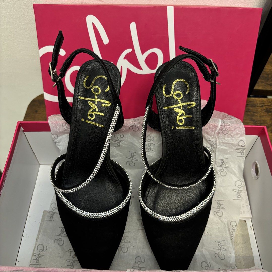 Sofab Black Heels|Pointed toes|Casual (Category: Heels) located in Cavite. Submitted by Cheapips (Listing ID 1432075430, Image 1). Description: 💯 ORIGINAL SOFAB - Used once (wedding event) - Bought Aug 2025 - Size 36 - 1.5 inches heels - Pointed toes - Comfy & Elegant - Good for all occassions - Comes with original box - No damages - All stones are complete.