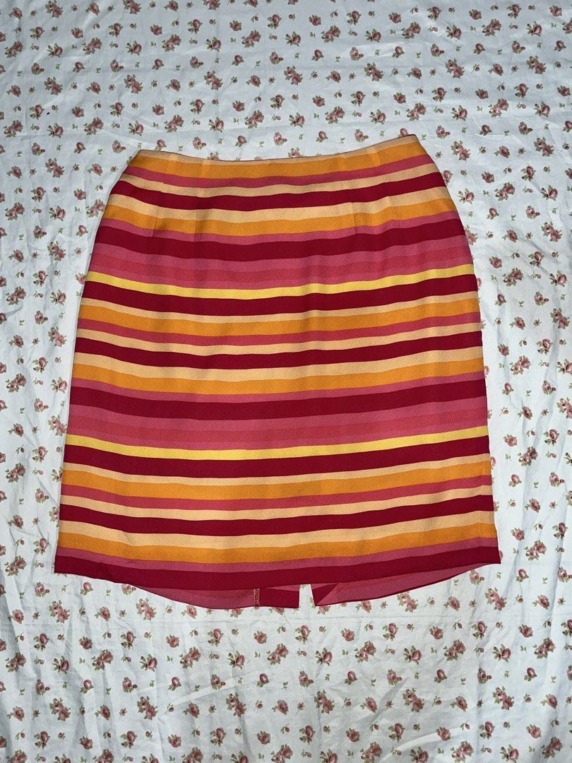 Talbots Striped Skirt (Category: Skirts) located in Pasay City. Submitted by cshell_sells (Listing ID 1432166992, Image 1). Description: - Vibrant striped pattern (red, orange, yellow) - Classic pencil skirt silhouette - Back slit detail - Zipper closure - Brand tag included - Size 8.