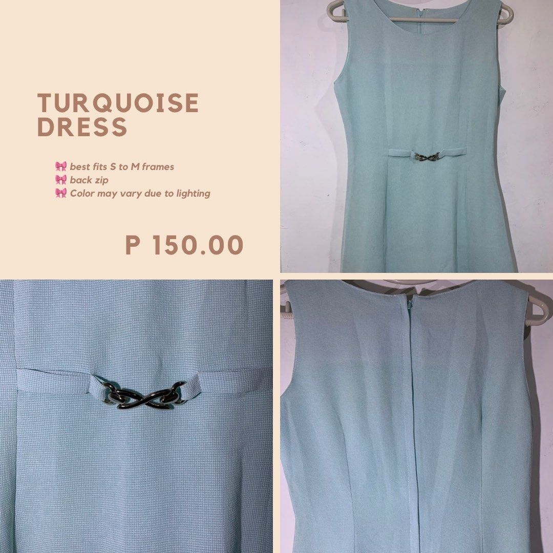 Turquoise Dress - Fits S to M (Category: Dresses) located in Cebu City. Submitted by dreyabbydeclutters (Listing ID 1432111097, Image 1). Description: - Turquoise dress - Fits S to M frames - Back zip closure - Decorative waist detail - Price: PHP 120 - Please note: Color may slightly vary due to lighting..