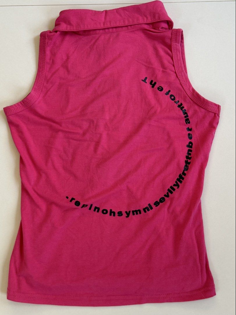 y2k thrifted pink sleeveless top (Category: Sleeveless) located in Manila. Submitted by stephanyck (Listing ID 1432098724, Image 3). Description: i love this top so much will keep it if no one will get :)) pet peeve lng that the words are baliktad but overall still cute😋 very summer ibiza vibes xs-s 🌷gcash/bpi 🌷sf will be shouldered by the buyer 🌷j&t/lalamove/lbc.