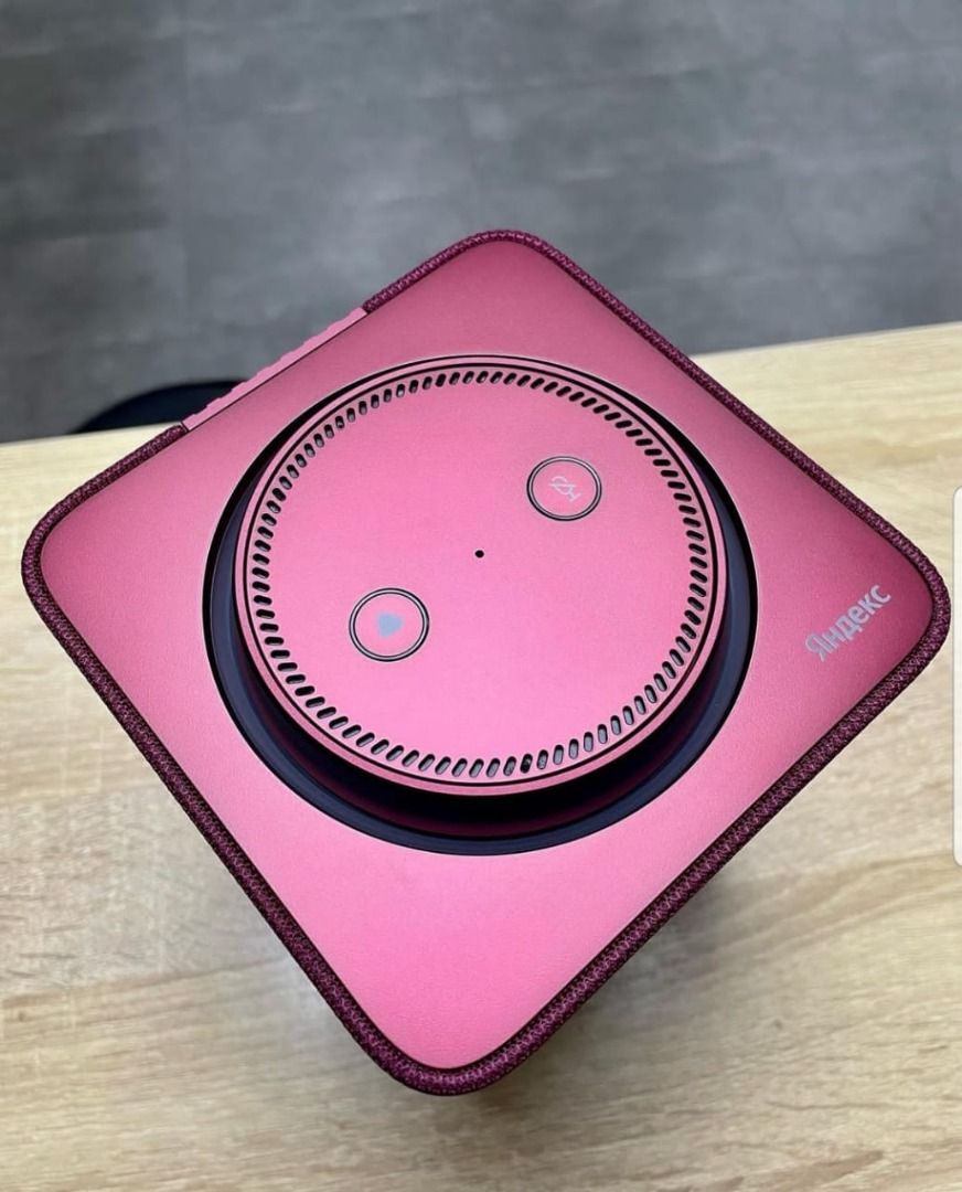 Yandex Smart Speaker (Category: Soundbars, Speakers & Amplifiers) located in Caloocan City. Submitted by truehawk.889b68 (Listing ID 1432034901, Image 3). Description: - Pink smart speaker - Features HDMI port - Includes Ethernet port - Has audio input - Top control buttons - Compact size.