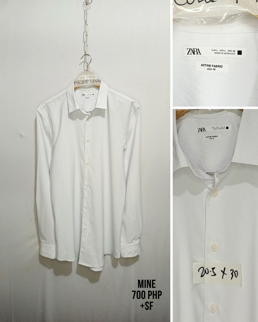 Zara White Active Fabric Slim Fit Shirt (Category: Shirts) located in Balamban. Submitted by pncollectionph (Listing ID 1432119340, Image 1). Description: - Zara white shirt - Size: L - Fit: Slim - Fabric: Active - Features: Classic collar, button-down closure - Made in Morocco - Condition: Good.