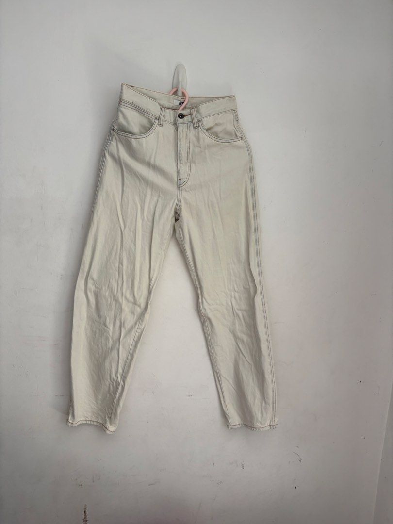 2 pairs preloved White Denim Jeans (Category: Jeans) located in Quezon City. Submitted by brandedthingsforless (Listing ID 1432213757, Image 2). Description: - High-waisted white denim jeans - Button fly closure - Straight leg cut - Raw hem detail - Classic five-pocket design - Medium-weight denim Both will fit 23-24 waist Decluttering Mango and Uniqlo brand As is , no when worn photos Sf to be shouldered by buyers .
