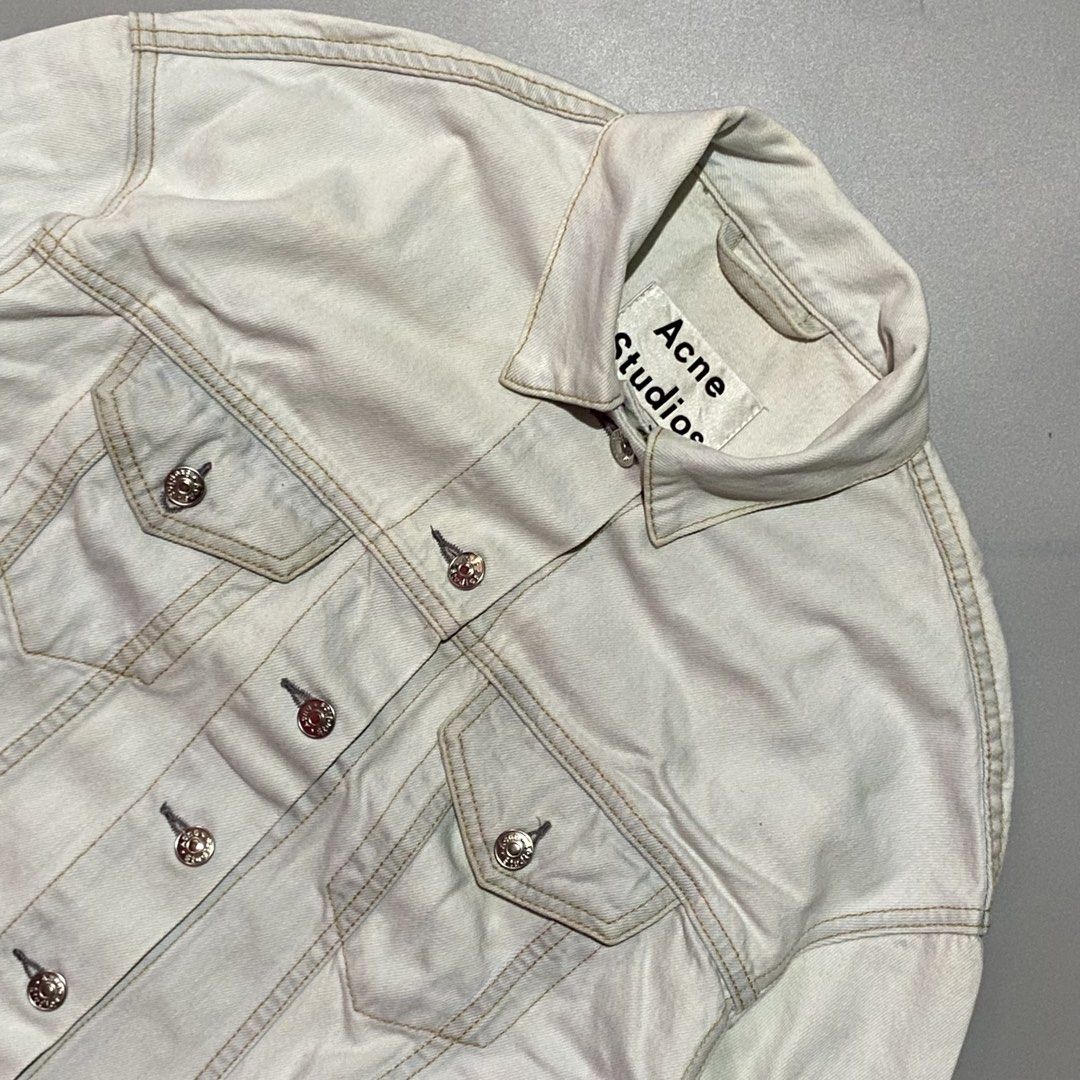 Acne Studios Lab Bleach Denim Jacket (Category: Coats, Jackets and Outerwear) located in Bacolod City. Submitted by quiarakazelxx (Listing ID 1432348306, Image 2). Description: Size: 34 on tag • can fit Med to Large (Crop Style) Measurement: Width: 20 Length: 21 Flaws: None Pm to purchase📩 .
