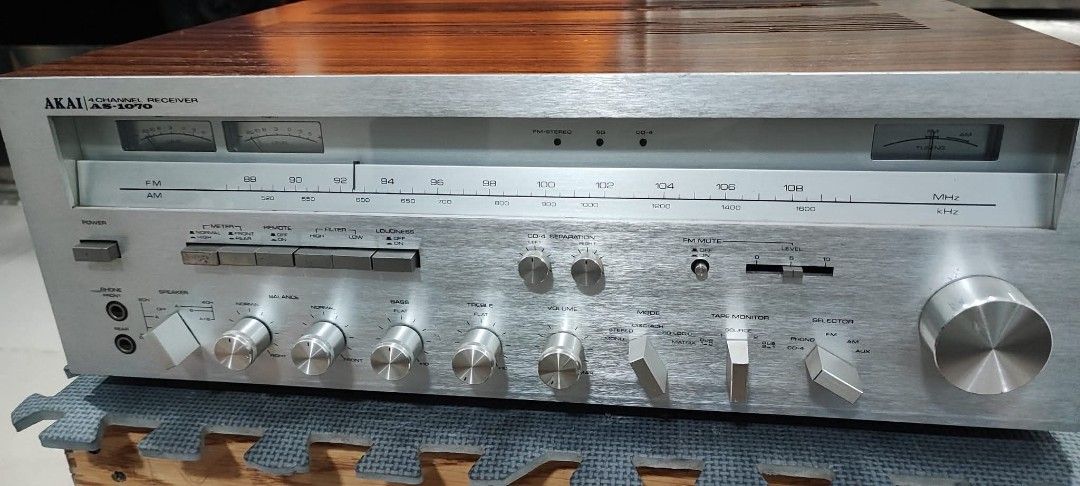 Akai AS-1070 Stereo Receiver (Category: Other Audio Equipment) located in Manila. Submitted by thecollector1981 (Listing ID 1432204430, Image 2). Description: For sale Akai as-1070 110-240volts Am/FM stereo working All orig parts Made in Japan Specifications Tuning range: FM, MW Power output: 70W/ch (stereo), 35W/ch into 8Ω (quadraphonic) Frequency response: 20Hz to 20kHz Total harmonic distortion: 0.3% Input sensitivity: 3mV (MM), 160mV (line) S
