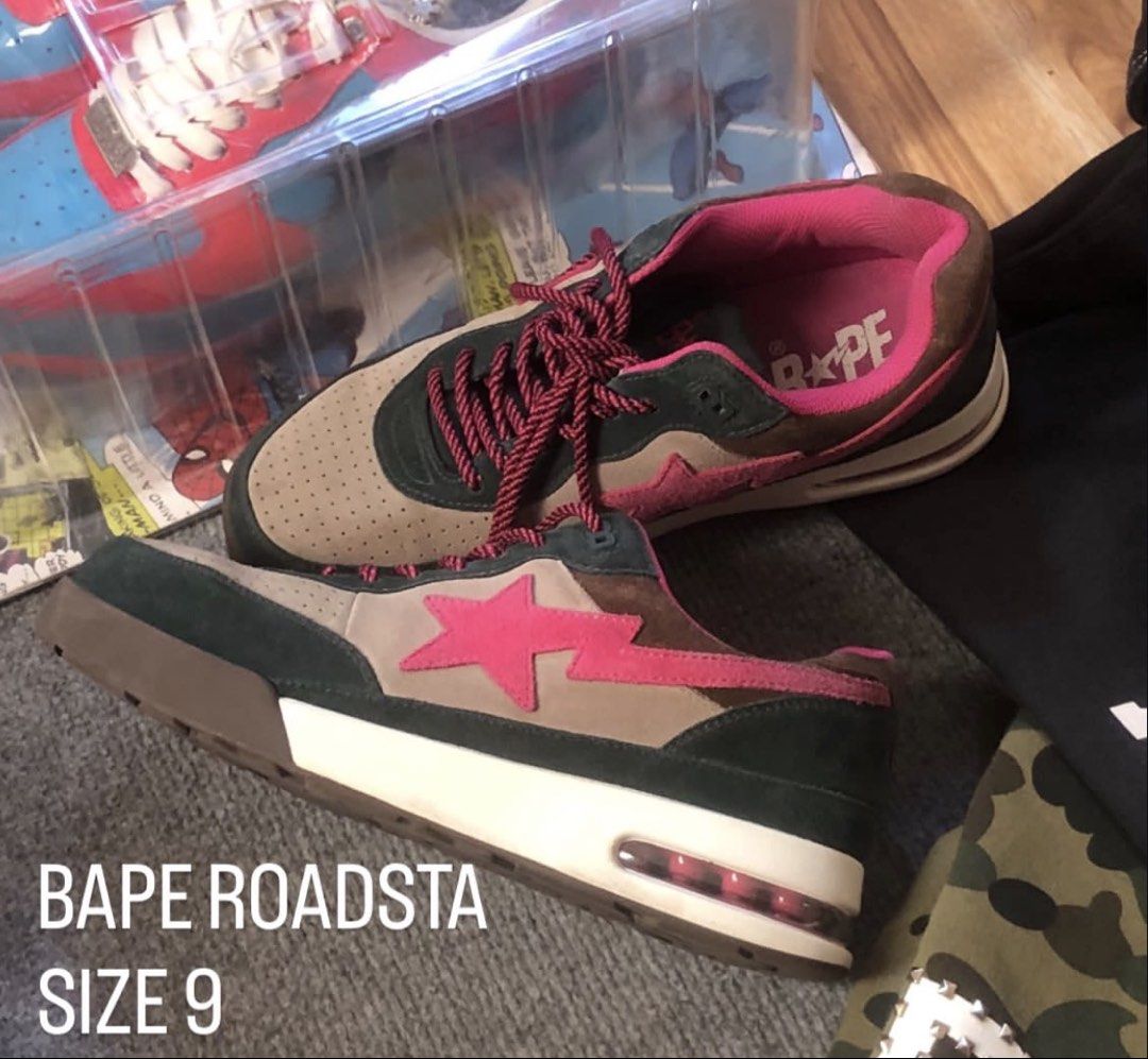 BAPE Roadsta Sneakers - Size 9 (Category: Sneakers) located in Cavite. Submitted by rawbeentherefore (Listing ID 1432282585, Image 1). Description: - BAPE Roadsta sneakers - Size 9 - Color scheme: Green, pink, and beige - Star logo on the side - BAPE logo on the tongue - Dark pink laces - Brown sole with air bubble.