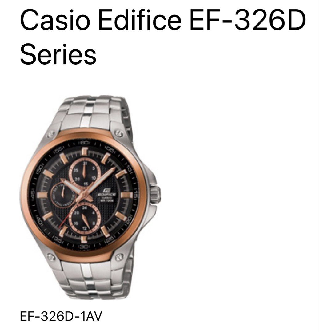 Casio Edifice EF-326D-1AV Watch (Category: Men's Watches) located in Baguio. Submitted by aviathriftauthentifinds (Listing ID 1432390134, Image 1). Description: - Casio Edifice EF-326D-1AV - Stainless steel case - Black dial with rose gold accents - Three hands (hours, minutes, seconds) - Day and 24-hour subdials - Battery life: Approximately 2 years - Case size: 49.5 x 45.0 x 11.5 mm - Weight: 157g.