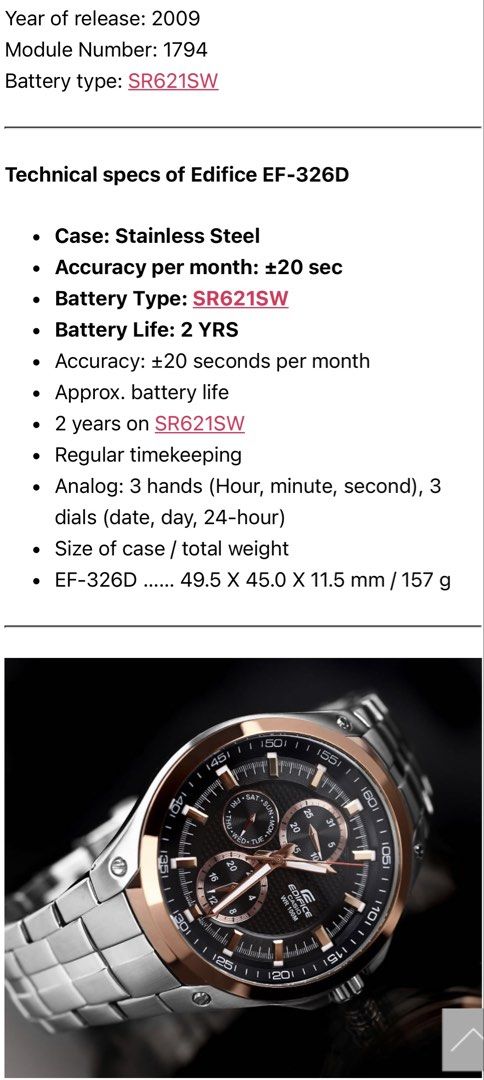 Casio Edifice EF-326D-1AV Watch (Category: Men's Watches) located in Baguio. Submitted by aviathriftauthentifinds (Listing ID 1432390134, Image 2). Description: - Casio Edifice EF-326D-1AV - Stainless steel case - Black dial with rose gold accents - Three hands (hours, minutes, seconds) - Day and 24-hour subdials - Battery life: Approximately 2 years - Case size: 49.5 x 45.0 x 11.5 mm - Weight: 157g.