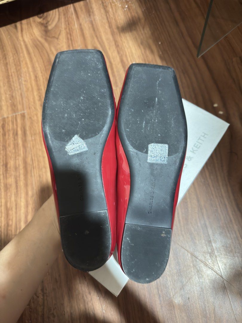Charles & Keith Red Flats Size 38 (Category: Flats & Sandals) located in Manila. Submitted by dioneeee (Listing ID 1432292299, Image 3). Description: - Charles & Keith flats - Color: Red - Size: 38 - Features: Square toe, bow detail, ankle strap - Includes original box.