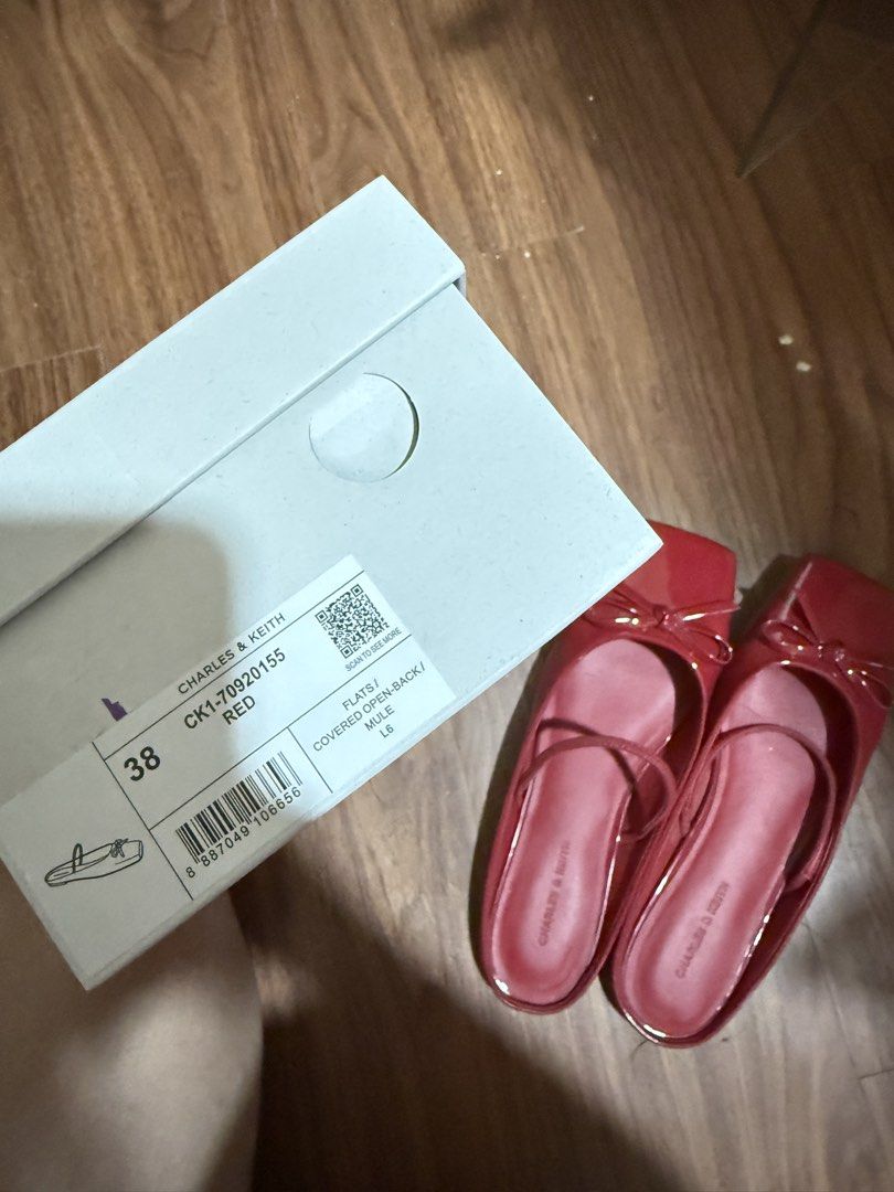 Charles & Keith Red Flats Size 38 (Category: Flats & Sandals) located in Manila. Submitted by dioneeee (Listing ID 1432292299, Image 2). Description: - Charles & Keith flats - Color: Red - Size: 38 - Features: Square toe, bow detail, ankle strap - Includes original box.