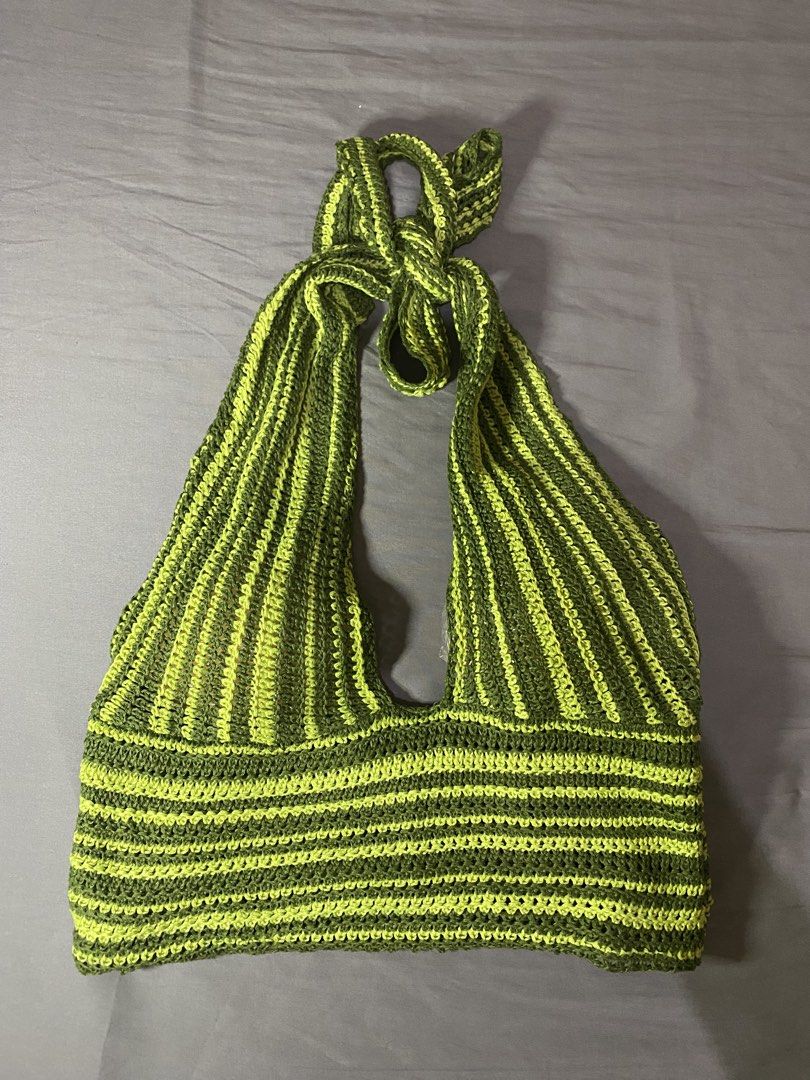 Crochet Halter Top (Category: Sleeveless) located in Manila. Submitted by dodoheeee (Listing ID 1432339818, Image 1). Description: - Handmade crochet halter top - Green and lime green stripes - Halter neck tie - Soft, breathable yarn - Ideal for a casual summer look - Unique, handmade design.