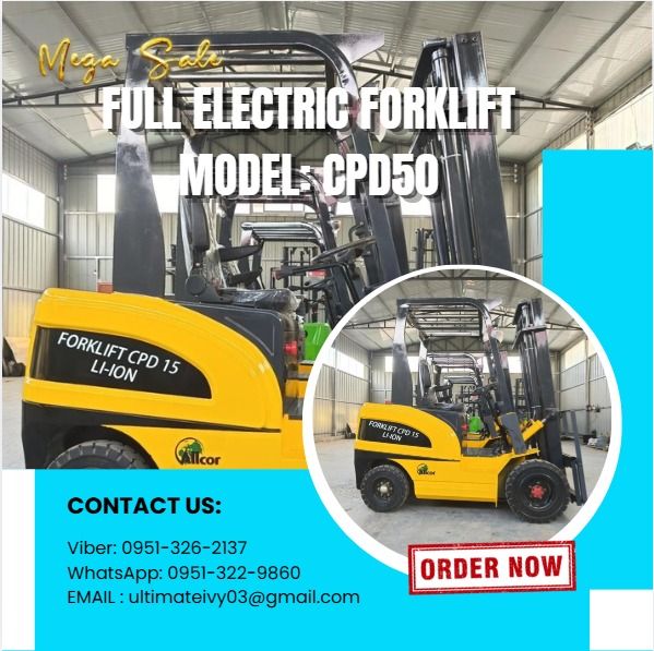 Full electric forklift Model: CPD50 (Category: Everything Else Others) located in Caloocan City. Submitted by lyracrimso54467 (Listing ID 1432260762, Image 1). Description: Model: CPD50 Max. lifting height:3000mm Loading capacity:5000kg Load center distance:500mm Overall length(no fork):2380mm Overall width:1150mm Grantry height:2180mm Wheelbase:1380mm Fork adjustable range:1060/250 Fork length:1080mm Brake：hydraulic pedal Parking brake: machiner
