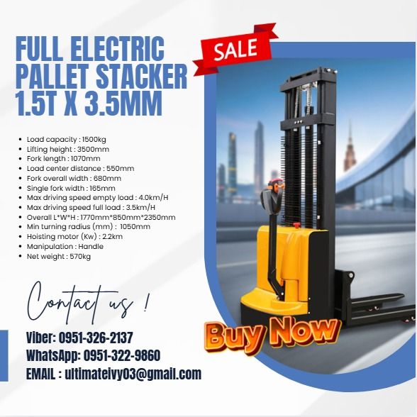 Full Electric Pallet Stacker 1.5T x 3.5mm (Category: Everything Else Others) located in Caloocan City. Submitted by clevertiger-b8cb (Listing ID 1432258952, Image 1). Description: Load capacity : 1500kg Lifting height : 3500mm Fork length : 1070mm Load center distance : 550mm Fork overall width : 680mm Single fork width : 165mm Max driving speed empty load : 4.0km/H Max driving speed full load : 3.5km/H Overall L*W*H : 1770mm*850mm*2350mm Min tur