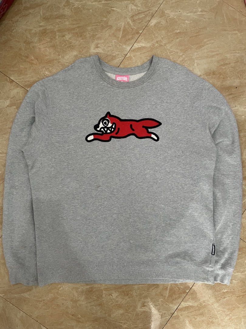 Icecream Running Dog Sweatshirt (Category: Coats, Jackets and Outerwear) located in Cavite. Submitted by rawbeentherefore (Listing ID 1432282880, Image 1). Description: - Gray Icecream sweatshirt - Features a red running dog graphic - Crew neck - Long sleeves - Icecream logo on neck tag - Size tag visible.