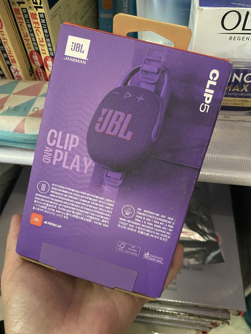 JBL Clip 5 Bluetooth Speaker (Category: Soundbars, Speakers & Amplifiers) located in Lapu Lapu. Submitted by ayith_journals (Listing ID 1432264777, Image 2). Description: - Brand new JBL Clip 5 Bluetooth speaker - Stylish purple color - Bluetooth 5.3 for seamless connectivity - Built-in clip for easy attachment - Designed for clip-and-play convenience.