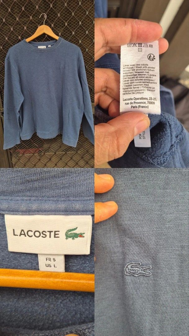 Lacoste Blue Crew Neck Sweater (Category: Coats, Jackets and Outerwear) located in Valencia. Submitted by declutterainnn (Listing ID 1432197884, Image 1). Description: - Lacoste crew neck sweater - Size: L - Color: Blue - Features the classic Lacoste logo - Comfortable material for casual wear - Brand: Lacoste Operations, Paris, France.