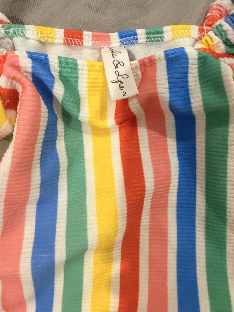 Laila and Lyra Swimsuit (Category: Babies & Kids Fashion) located in Paranaque City. Submitted by mrschuadeclutter (Listing ID 1432371335, Image 2). Description: - Laila & Lyra Swimsuit - Colorful striped design - Features off-shoulder sleeves - Suitable for girls - Fits a 2 years old .