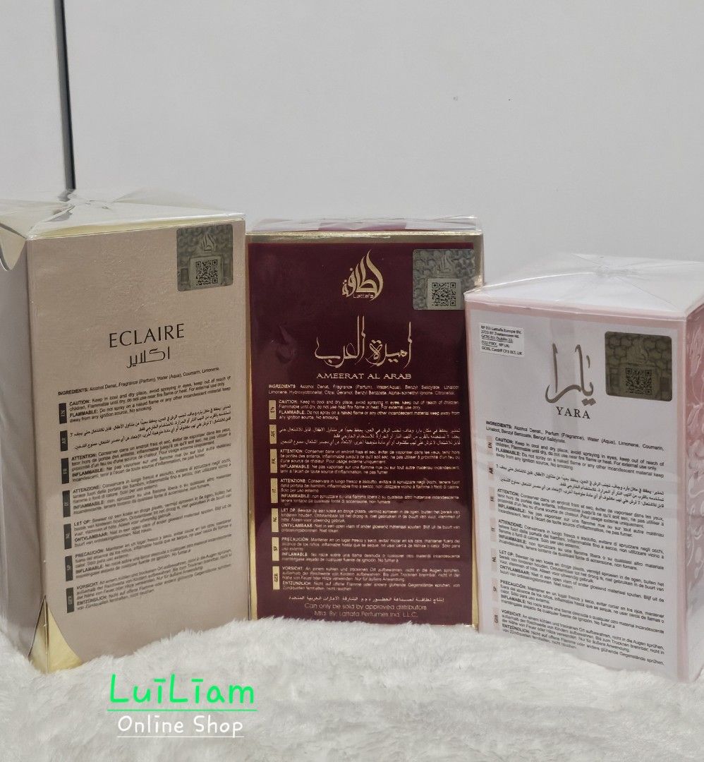 Lattafa Perfumes Eclaire, Ameerat Al Arab & Yara (Category: Fragrance & Deodorants) located in Marikina City. Submitted by luiliam (Listing ID 1432248350, Image 2). Description: Lattafa Perfumes Authentic/Original Bought in UAE 100ml Completely sealed *Ameerat Al Arab PD: 01/2026 Php 1,250 *Eclaire PD: 11/2025 Php 2,400 *Yara PD: 01/2026 Php 1,550.