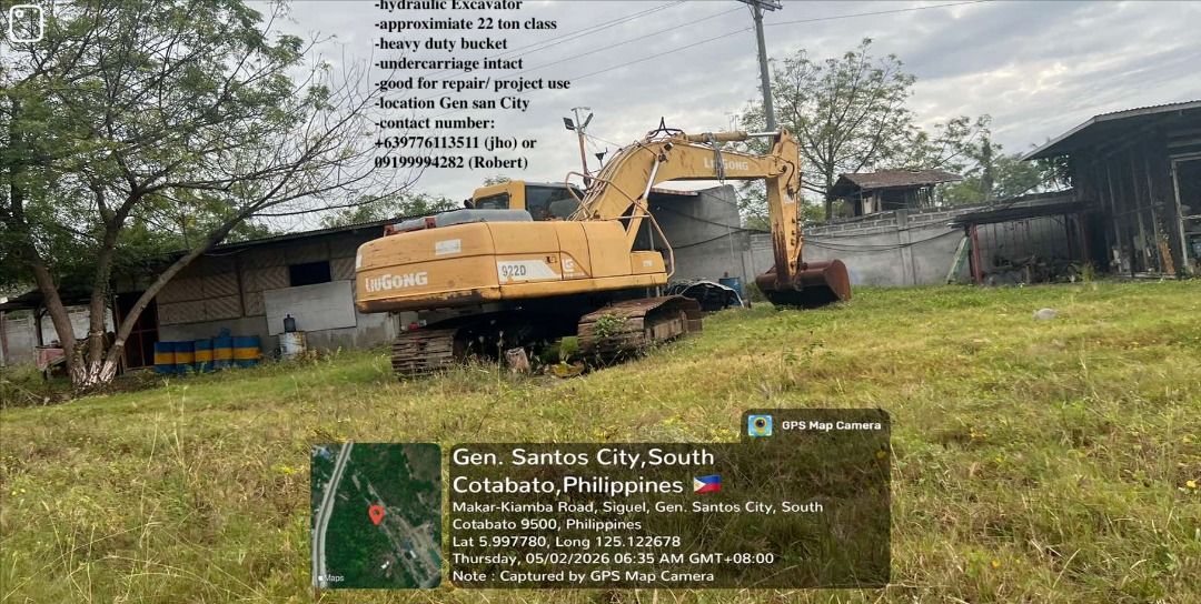 Liugong 922D Excavator / Backhoe (Category: Construction Tools & Equipment) located in Pasig City. Submitted by chan_robert_jr (Listing ID 1432295741, Image 1). Description: Liugong 922D Excavator Approximate 22-ton class Heavy-duty bucket Undercarriage intact Suitable for repair or project use Located in Gen San City Contact Robert: +639776113511 or 09199994282.