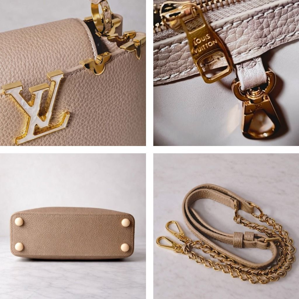 Louis Vuitton Capucines BB Beige Top Handle Bag (Category: Luxury Bags & Wallets) located in Cebu City. Submitted by theluxxaffair (Listing ID 1432372053, Image 3). Description: Louis Vuitton Capucines BB in beige Taurillon leather. A structured top handle bag featuring the signature LV flap closure with gold hardware and the iconic Capucines flower detailing along the top edge. Designed to be carried by hand with the option for shoulder or cross