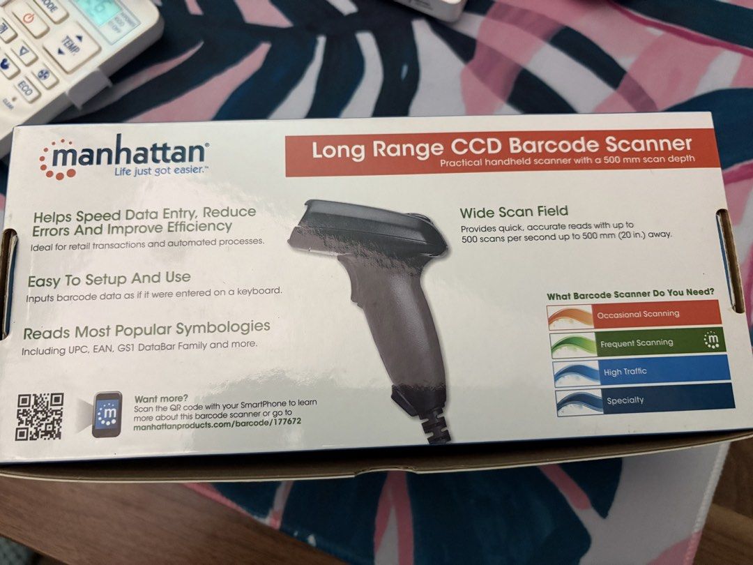 Manhattan Long Range CCD Barcode Scanner MBC-50-2 (Category: Printers, Scanners & Copiers) located in San Pedro. Submitted by littlefoot88 (Listing ID 1432242445, Image 2). Description: - Manhattan Long Range CCD Barcode Scanner - Fast and efficient data entry - 500 mm scan depth - Scans up to 500 times per second - Supports most barcode symbologies (UPC, EAN, GS1 DataBar, etc.) - USB connectivity - Perfect for retail and automated processes.