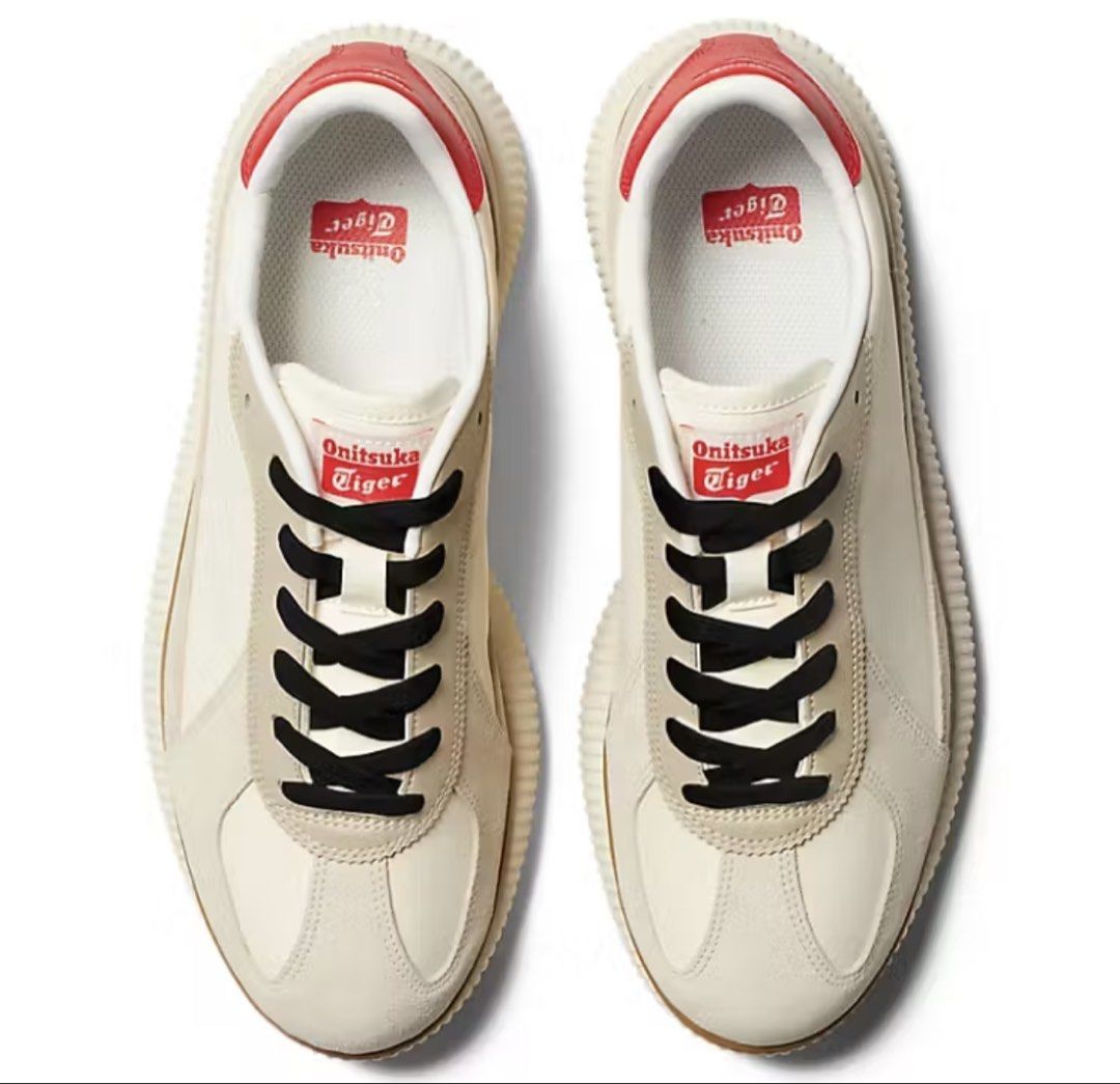 Onitsuka Tiger Delegation Chunky Sneakers (Category: Sneakers) located in Manila. Submitted by aietan (Listing ID 1432388479, Image 2). Description: - Onitsuka Tiger Delegation Chunky sneakers - Cream and beige colorway with red accents - Black laces - Thick, textured sole - Onitsuka Tiger logo on tongue and heel - Retro design with a modern, chunky sole.