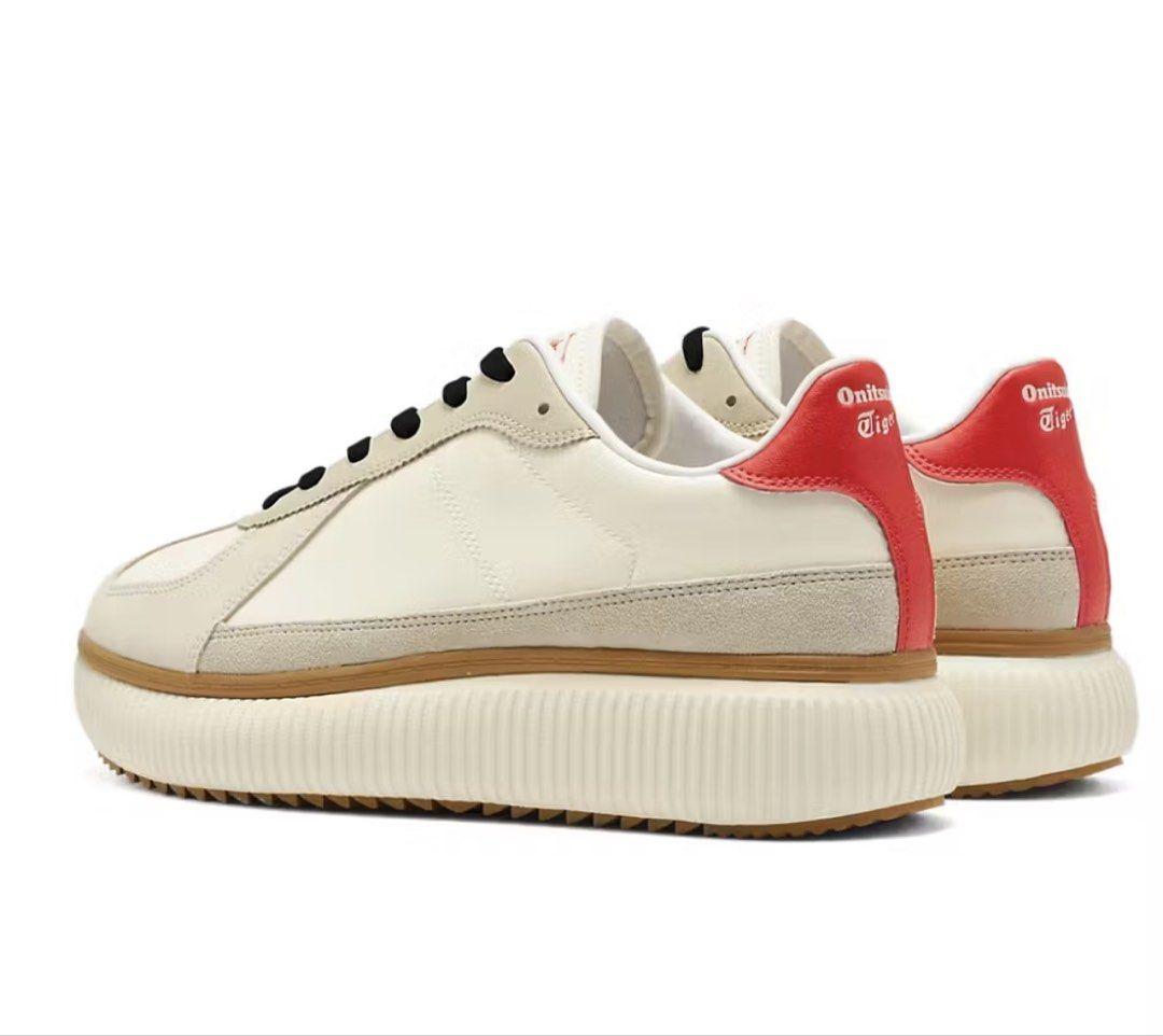 Onitsuka Tiger Delegation Chunky Sneakers (Category: Sneakers) located in Manila. Submitted by aietan (Listing ID 1432388479, Image 3). Description: - Onitsuka Tiger Delegation Chunky sneakers - Cream and beige colorway with red accents - Black laces - Thick, textured sole - Onitsuka Tiger logo on tongue and heel - Retro design with a modern, chunky sole.