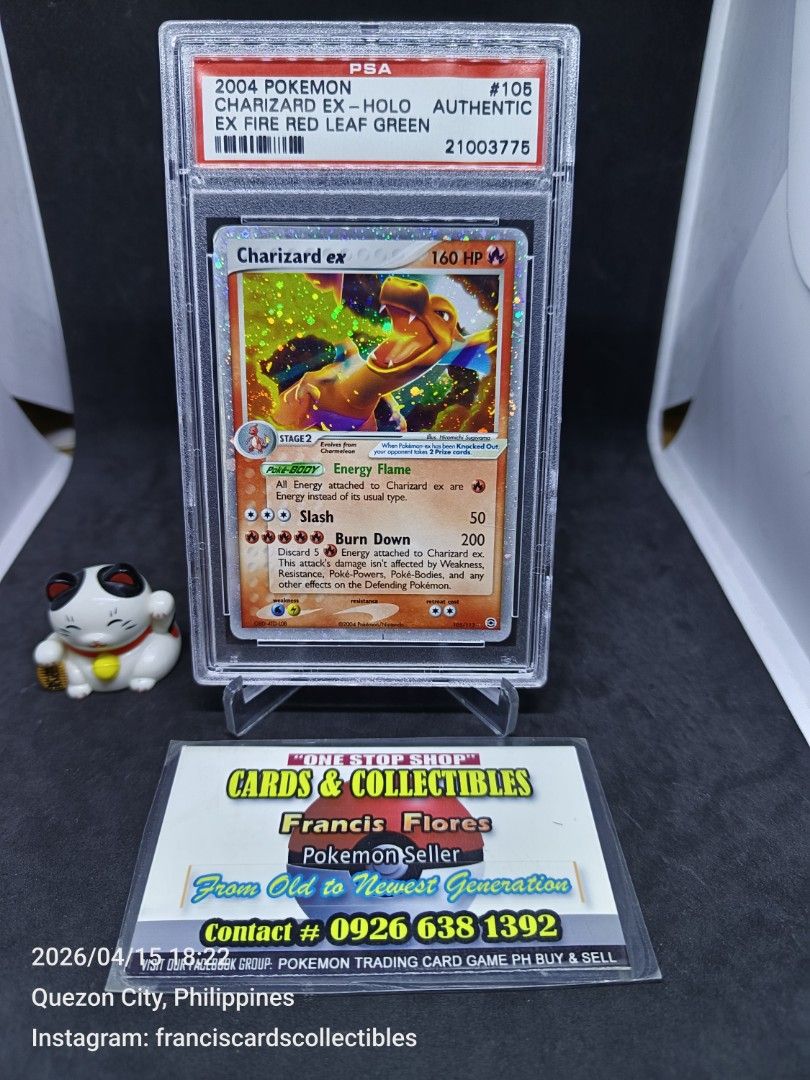 Pokemon Card - PSA (AUTHENTIC) CHARIZARD EX #105 - HOLO (EX FIRE RED LEAF GREEN) YEAR 2004 (Category: Raw Singles) located in Quezon City. Submitted by 710francis (Listing ID 1432298087, Image 1). Description: *32,888 Pesos *EX FIRE RED LEAF GREEN / YEAR 2004 *PSA (AUTHENTIC) #47 (#56652004) *CHARIZARD EX #105 - HOLO *JUST MESSAGE FOR MORE INQUIRIES....