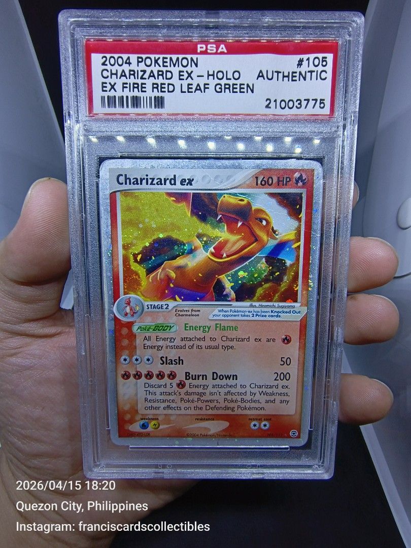 Pokemon Card - PSA (AUTHENTIC) CHARIZARD EX #105 - HOLO (EX FIRE RED LEAF GREEN) YEAR 2004 (Category: Raw Singles) located in Quezon City. Submitted by 710francis (Listing ID 1432298087, Image 2). Description: *32,888 Pesos *EX FIRE RED LEAF GREEN / YEAR 2004 *PSA (AUTHENTIC) #47 (#56652004) *CHARIZARD EX #105 - HOLO *JUST MESSAGE FOR MORE INQUIRIES....